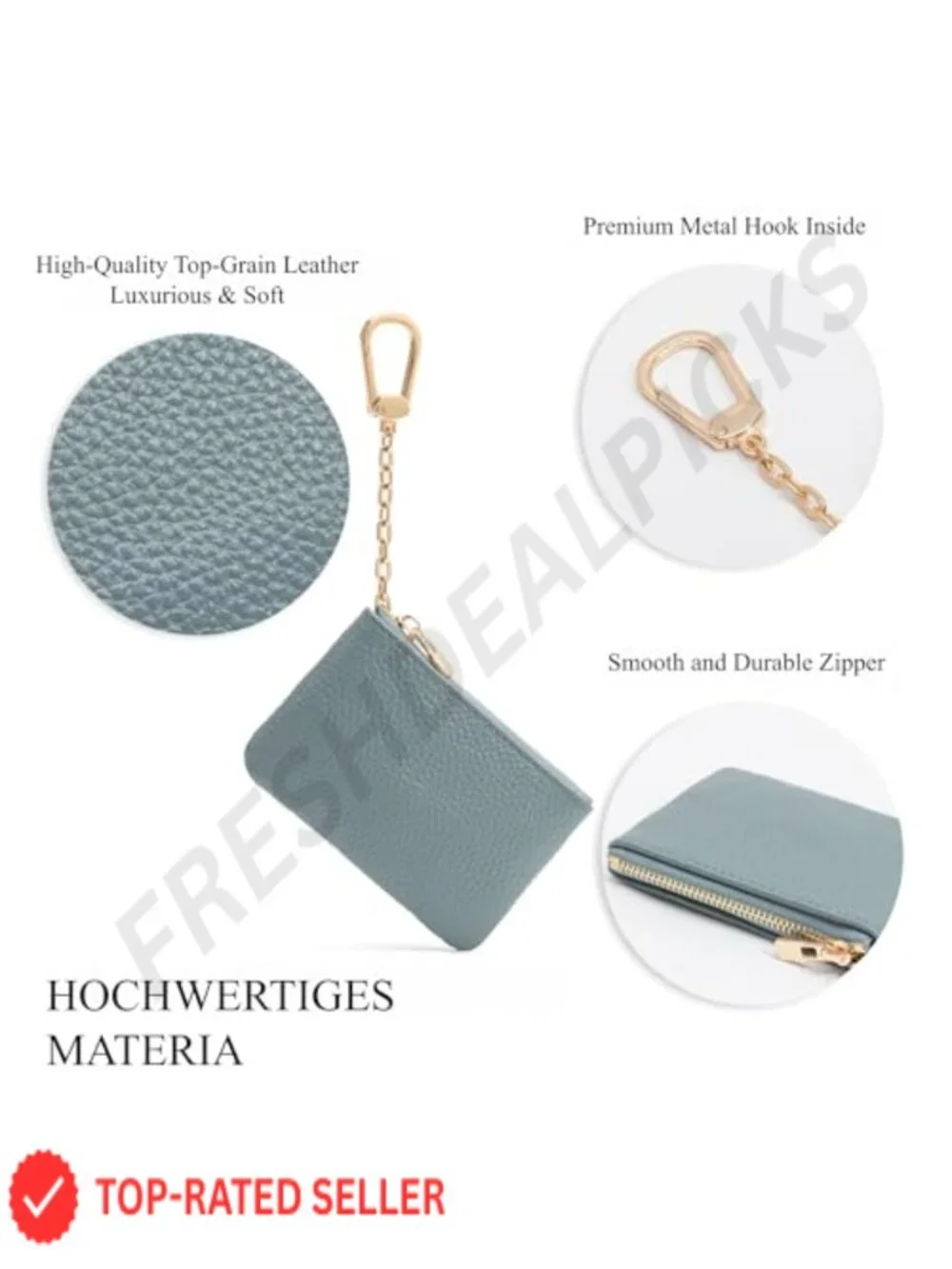 Full Grain Leather Coin Purse with Keychain, Small Change Wallet for Women & Men